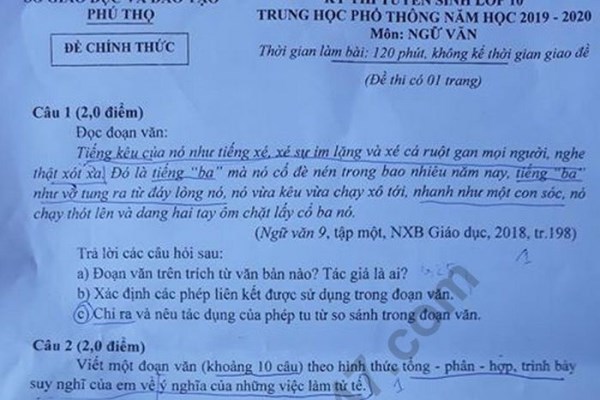 Đáp án tham khảo môn Ngữ văn thi vào lớp 10 của Phú Thọ năm 2019