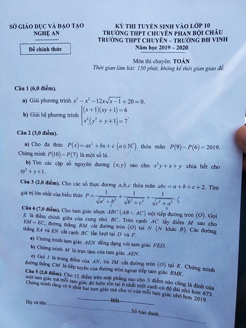 Đề toán thi vào Trường THPT Phan Bội Châu và Trường THPT Chuyên ĐH Vinh năm 2019