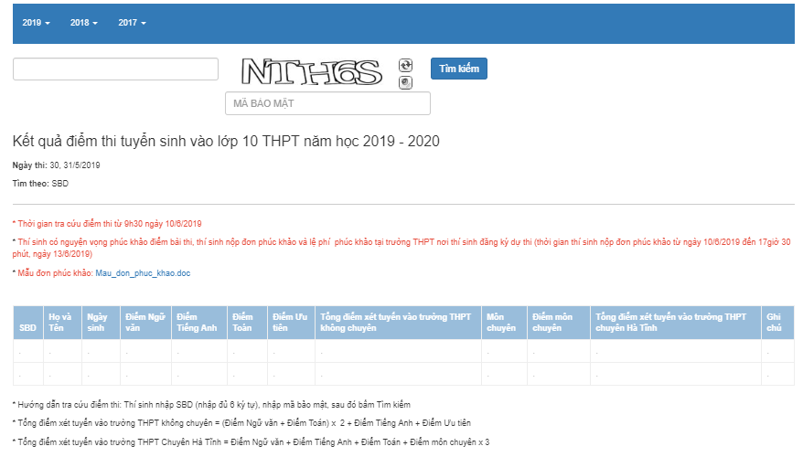 Hà Tĩnh công bố điểm thi tuyển sinh lớp 10 năm 2019