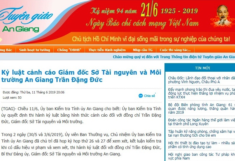 Giám đốc Sở TN&MT An Giang bị kỷ luật cảnh cáo