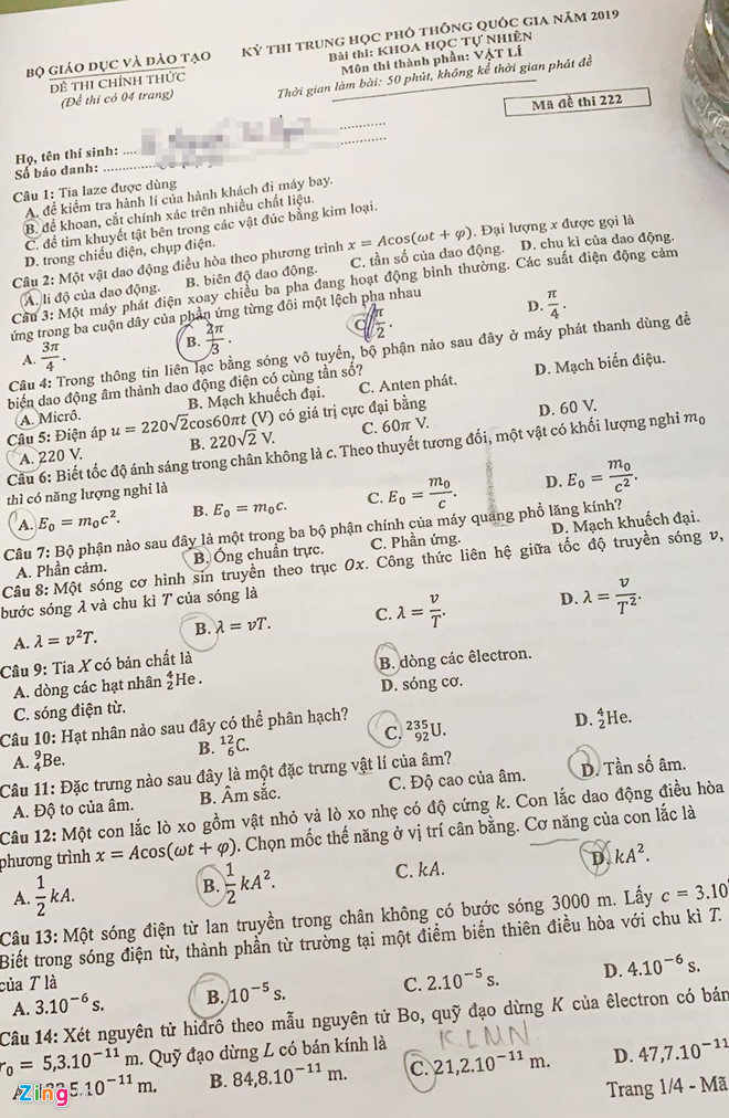 Đề thi môn Vật lý thi THPT quốc gia 2019 chính thức
