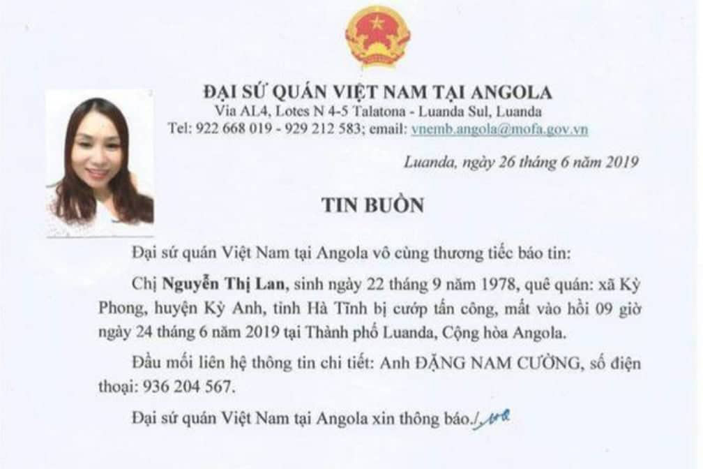 Nữ lao động Hà Tĩnh bị cướp bắn chết ở Angola