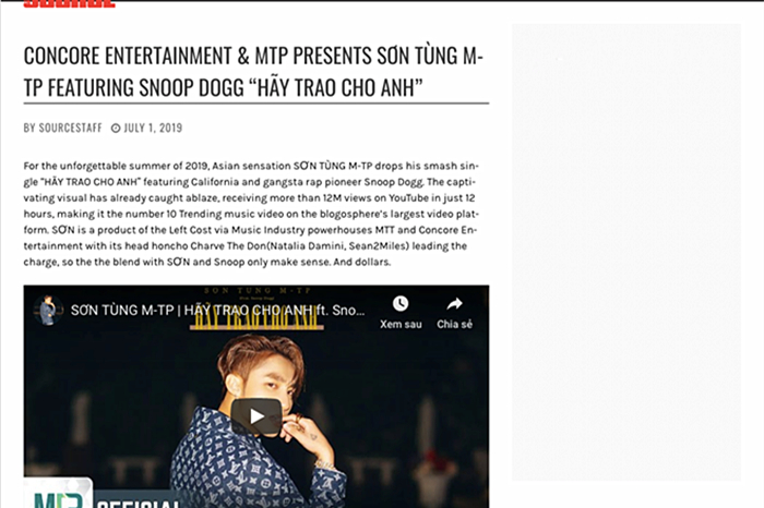Báo Mỹ gọi Sơn Tùng là 'hiện tượng châu Á' sau MV kết hợp với Snoop Dogg