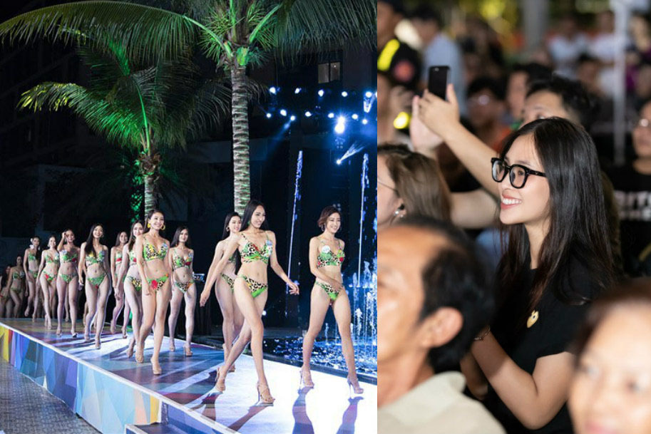 Tiểu Vy để mặt mộc cổ vũ dàn người đẹp Miss World VN thi bikini