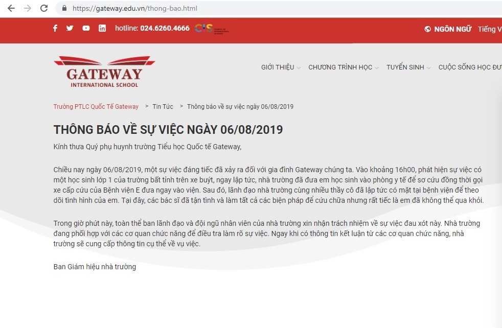 Trường Quốc tế Gateway nhận trách nhiệm vụ để HS lớp 1 tử vong trên xe
