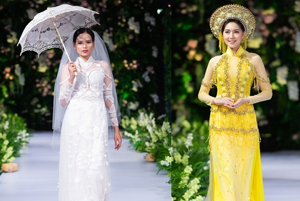 Mai Giang, Tiêu Ngọc Linh trình diễn áo dài cưới cùng Hoa hậu Myanmar