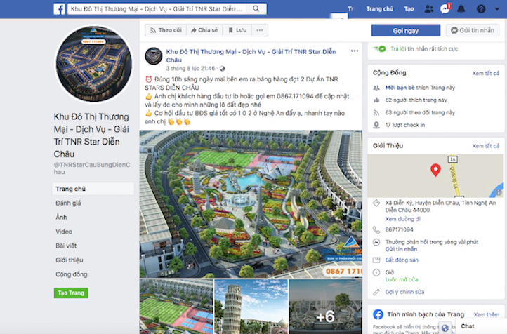 Dự án Khu đô thị thương mại và dịch vụ tổng hợp tại xã Diễn Kỷ (TNR Stars Diễn Châu) được quảng cáo mở bán, đặt chỗ rầm rộ trên facebook (Ảnh chụp màn hình).