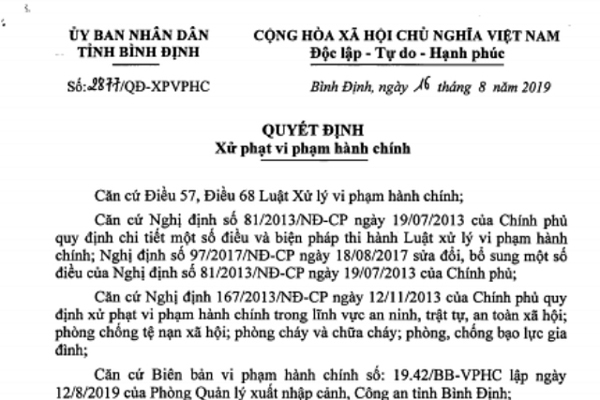 Phạt 95 triệu 4 người Trung Quốc cư trú bất hợp pháp ở Bình Định