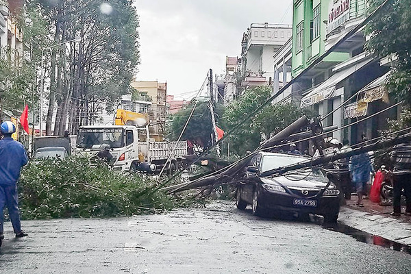 Trụ điện gãy đè ô tô biển xanh của Bí thư Thành uỷ ở Hậu Giang