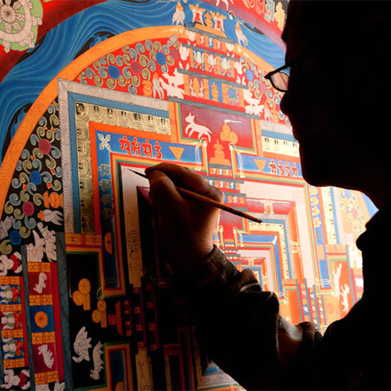 Buddhist thangka paintings on display at Phap Van Pagoda