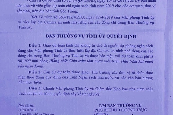 Sóc Trăng thông tin vụ chi gần 1 tỷ lắp camera nhà cán bộ Ban thường vụ