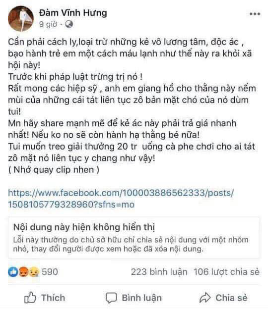 Kích động vụ cha đánh con, Facebook Đàm Vĩnh Hưng có thể bị xử lý hình sự