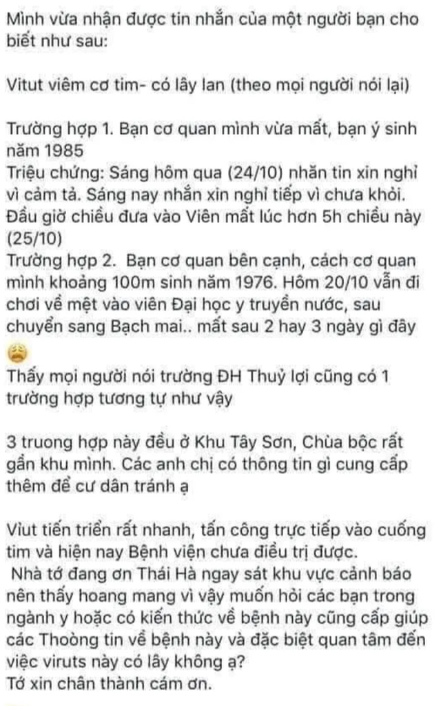 Chuyên gia nói về tin virus viêm cơ tim gây tử vong nhanh đang lan tại Hà Nội