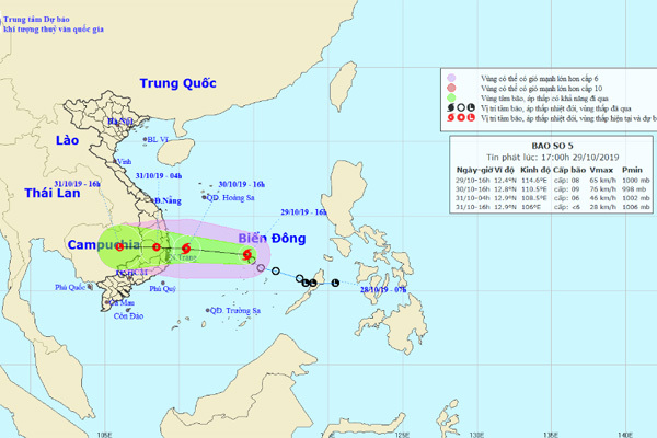 Bão số 5 giật cấp 10, vào đất liền các tỉnh từ Bình Định đến Ninh Thuận