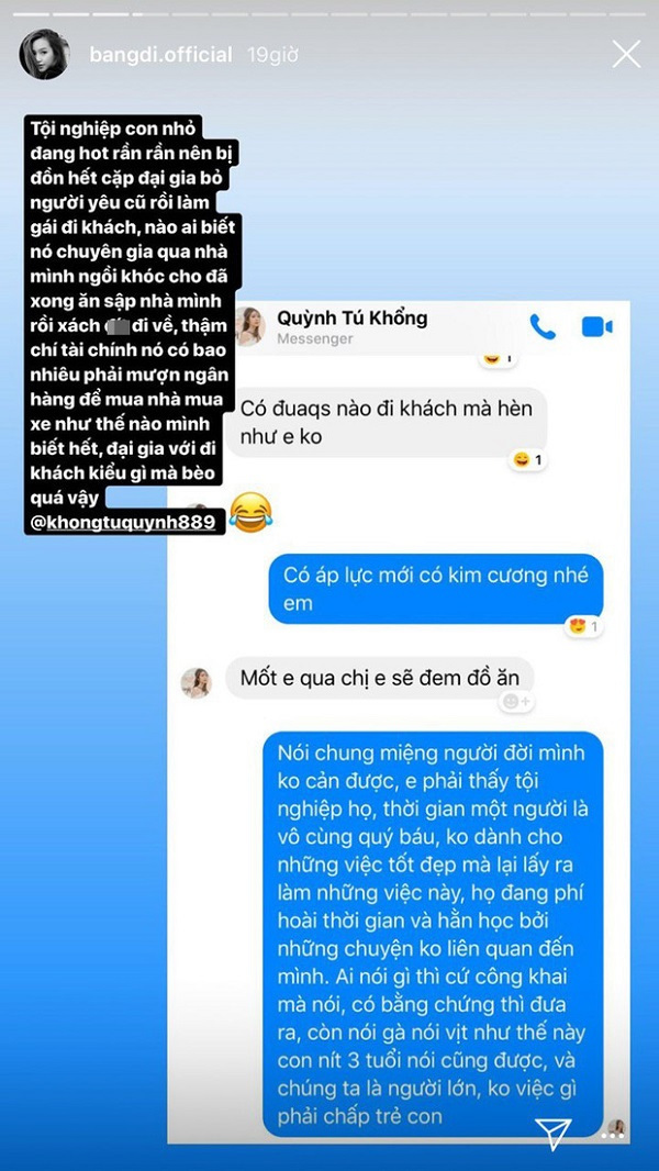 Băng Di lên tiếng về tin đồn Khổng Tú Quỳnh bị bạn trai bỏ vì 'đi khách'