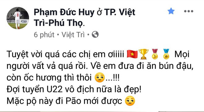 Quang Hải chúc mừng đội tuyển nữ, Đức Huy mời đi ăn bún đậu