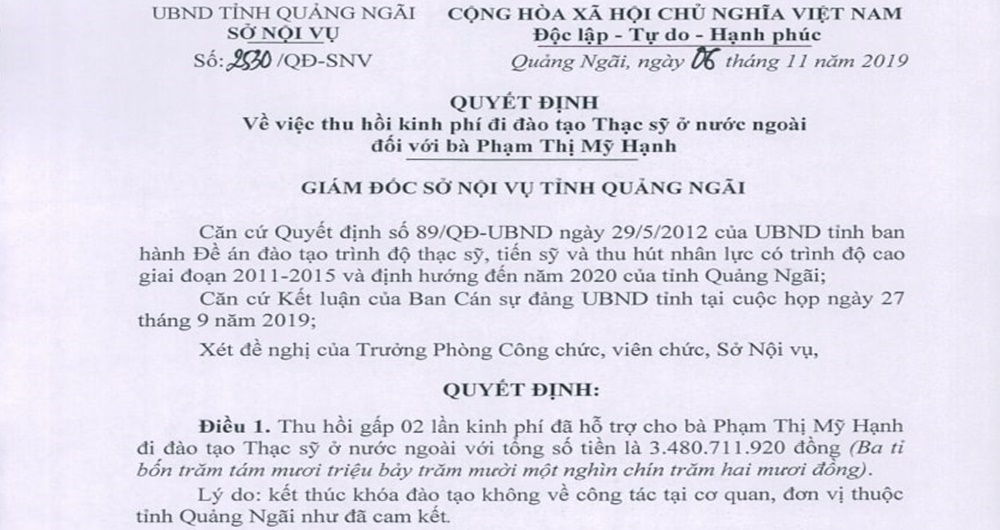 4 con quan chức ở Quảng Ngãi phải đền gấp 2 lần chi phí đào tạo du học