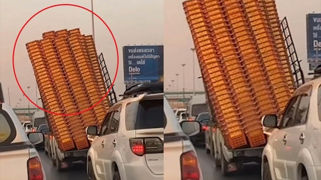 Xe chở thùng nhựa quá tải, nghiêng ngả trên đường