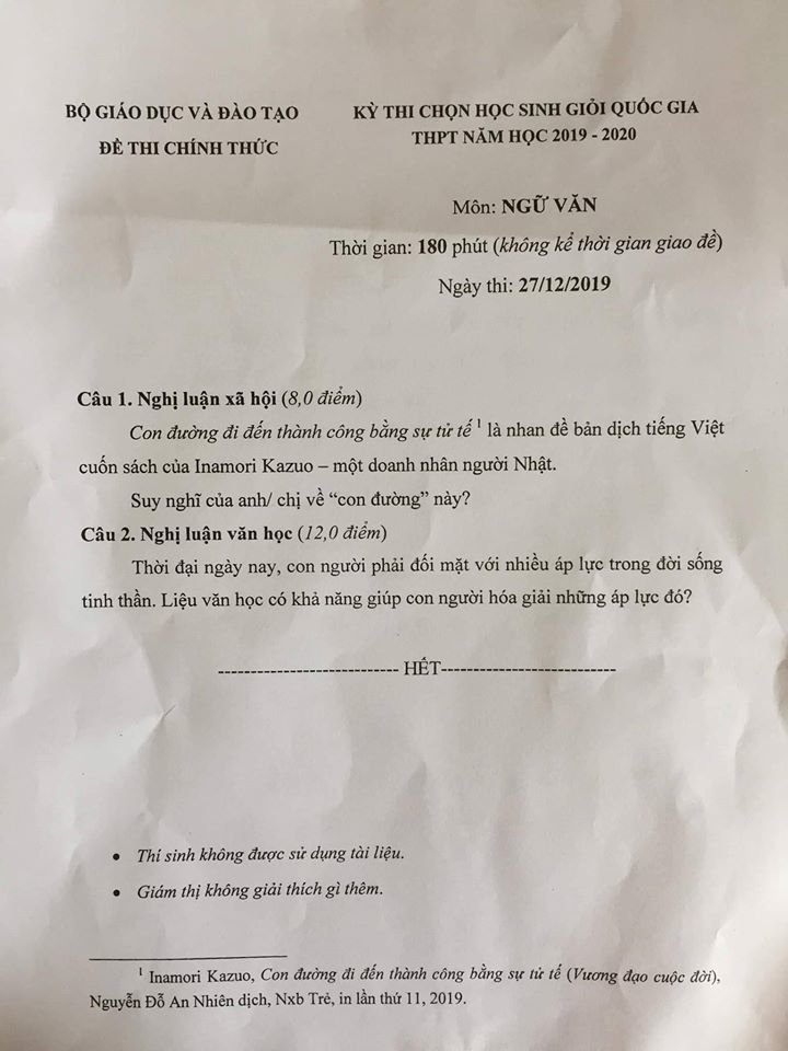 'Sự tử tế' vào đề thi HSG quốc gia môn Ngữ văn năm 2019