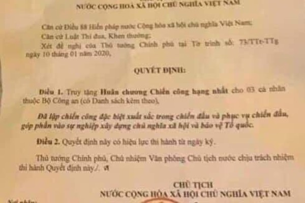 Truy tặng huân chương Chiến công hạng nhất cho 3 chiến sỹ hy sinh ở Đồng Tâm