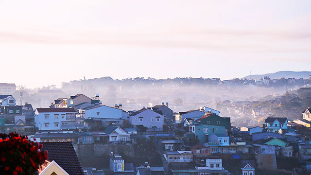 Mountain town in the fog