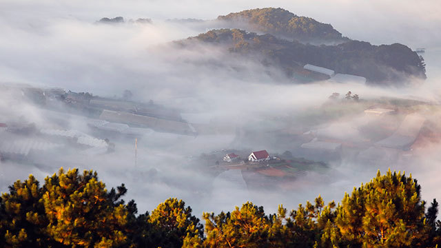 Mountain town in the fog