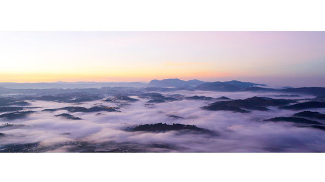 Mountain town in the fog