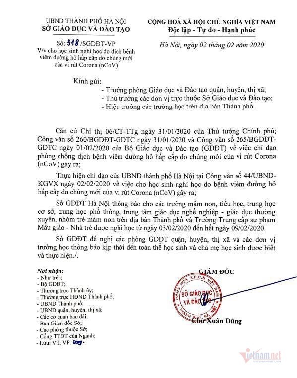 Học sinh Hà Nội nghỉ học 7 ngày phòng virus corona