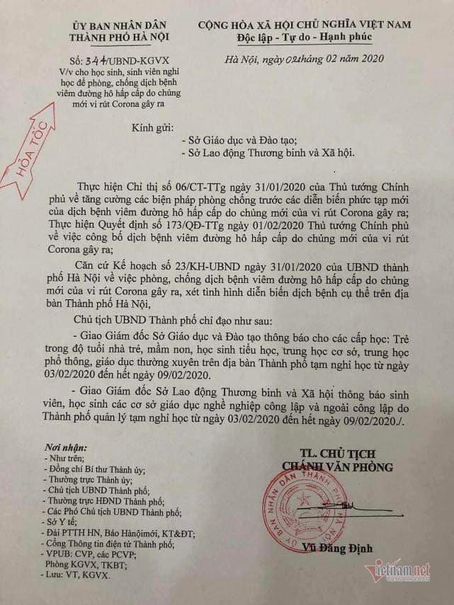 Học sinh Hà Nội nghỉ học 7 ngày phòng virus corona