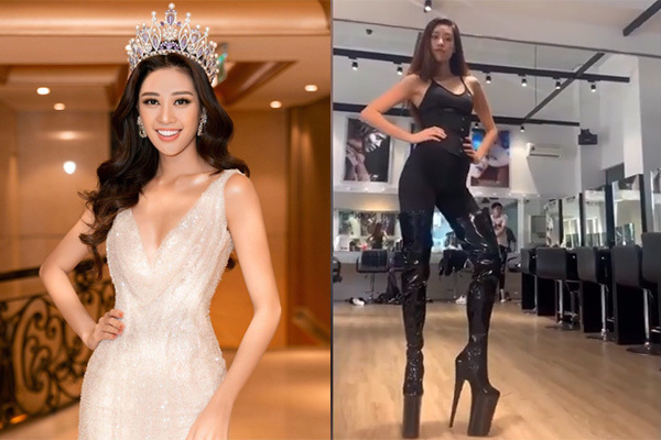 Hoa hậu Khánh Vân tập luyện catwalk trên đôi giày 40cm