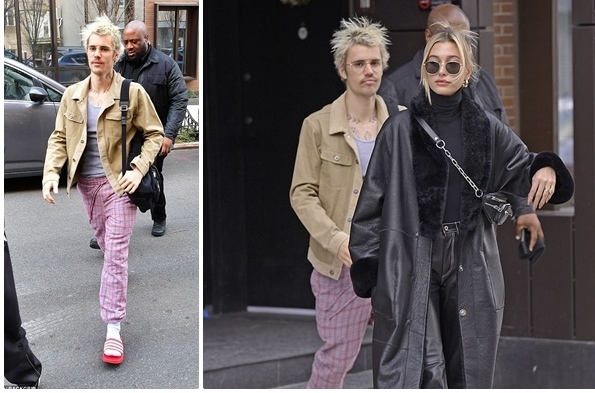 Justin Bieber ăn mặc lôi thôi, tóc rối bù xù đối lập vợ sành điệu trên phố