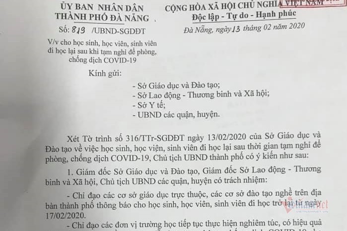 Đà Nẵng cho học sinh đi học trở lại từ ngày 17/2
