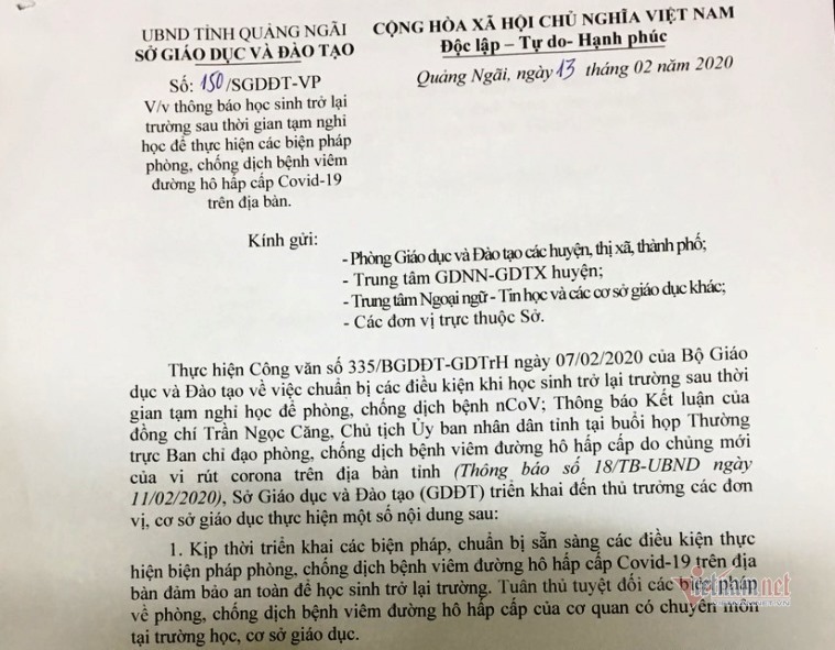 Học sinh tỉnh Quảng Ngãi đi học lại từ ngày 17/2