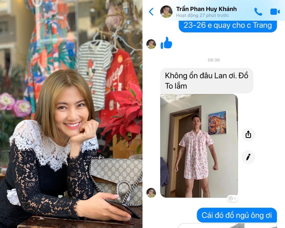 Huy Khánh mặc đồ ngủ của vợ chụp ảnh gửi Ngọc Lan