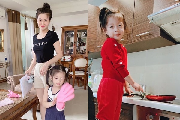Con gái 3 tuổi nấu ăn, rửa bát thành thạo của MC, Á hậu Diễm Trang