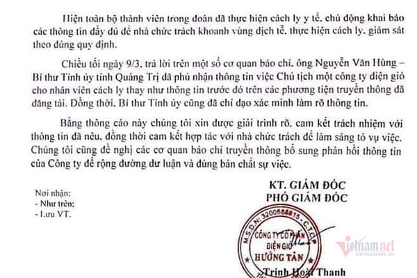 Công ty điện gió 'mượn lời' Bí thư Quảng Trị phủ nhận đánh tráo cách ly