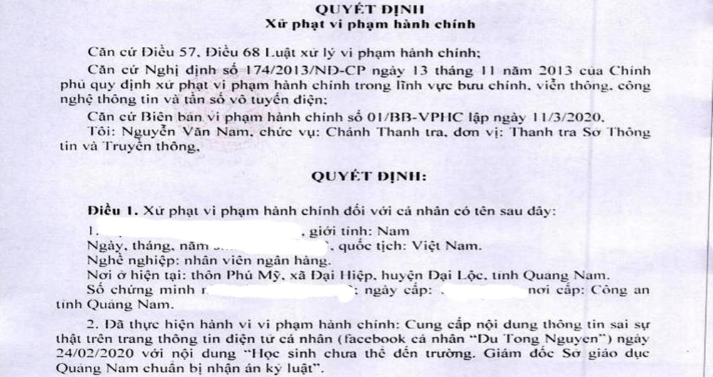 Phao tin Giám đốc Sở Giáo dục bị kỷ luật do Covid-19, nam nhân viên ngân hàng bị phạt 12,5 triệu