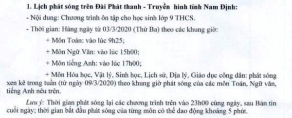 Lịch dạy học trên truyền hình của các tỉnh thành