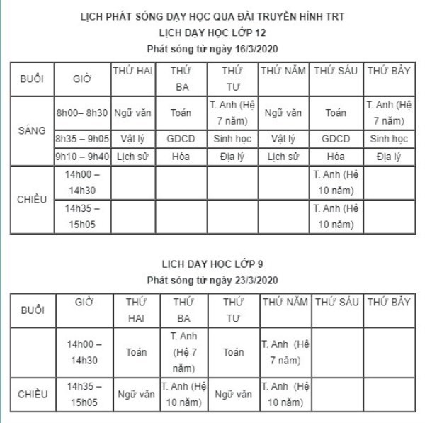 Lịch dạy học trên truyền hình của các tỉnh thành