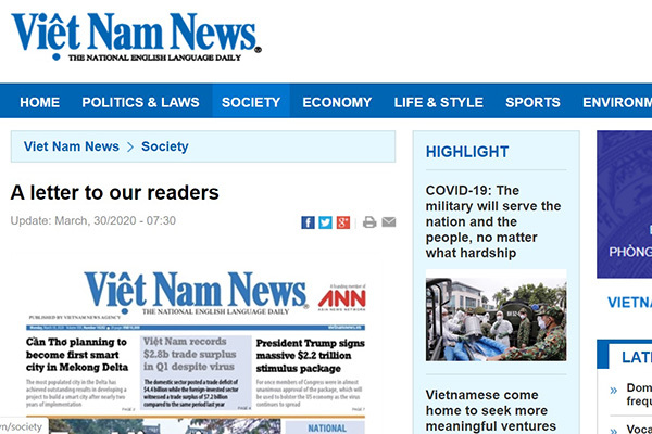 Việt Nam News dừng xuất bản báo in đến 15/4 vì phóng viên nhiễm Covid-19