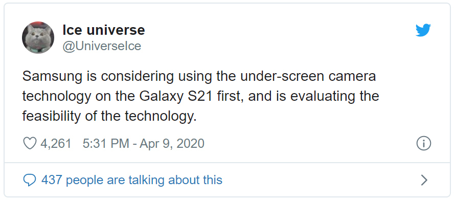 Galaxy S21 sẽ được trang bị camera selfie ẩn dưới màn hình?