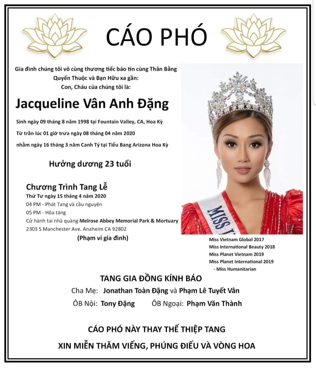 Lễ tang Hoa hậu Việt Nam Toàn cầu không nhận hoa và phúng điếu - Web ...