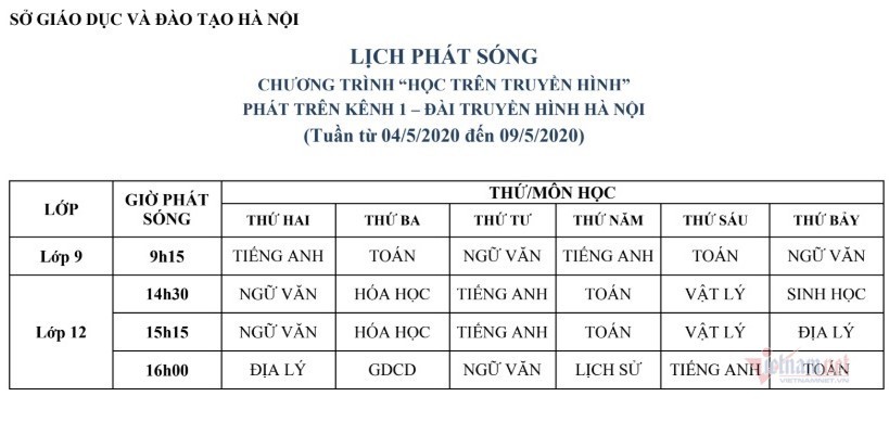 Lịch dạy học trên truyền hình cho học sinh cả nước từ 4/5