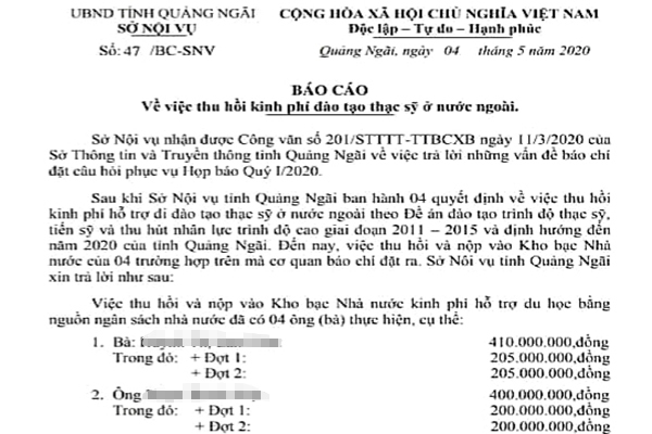 Con 4 quan chức Quảng Ngãi du học bằng ngân sách không về đã nộp lại 1,1 tỷ đồng