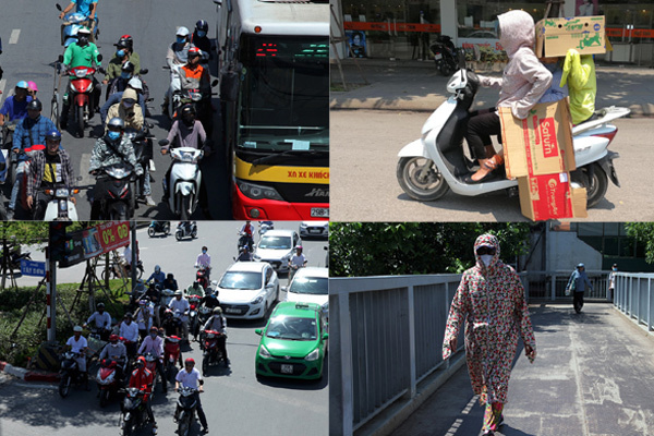 Hà Nội nắng cao điểm, vệt bóng đổ của xe buýt, xe máy chen nhau nép vào