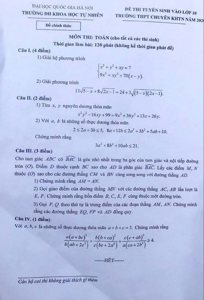 Đề thi Toán vào lớp 10 Chuyên Khoa học Tự nhiên 2020