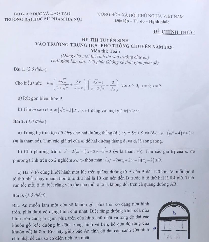 Đề thi môn Toán vào lớp 10 trường Chuyên Sư phạm năm 2020