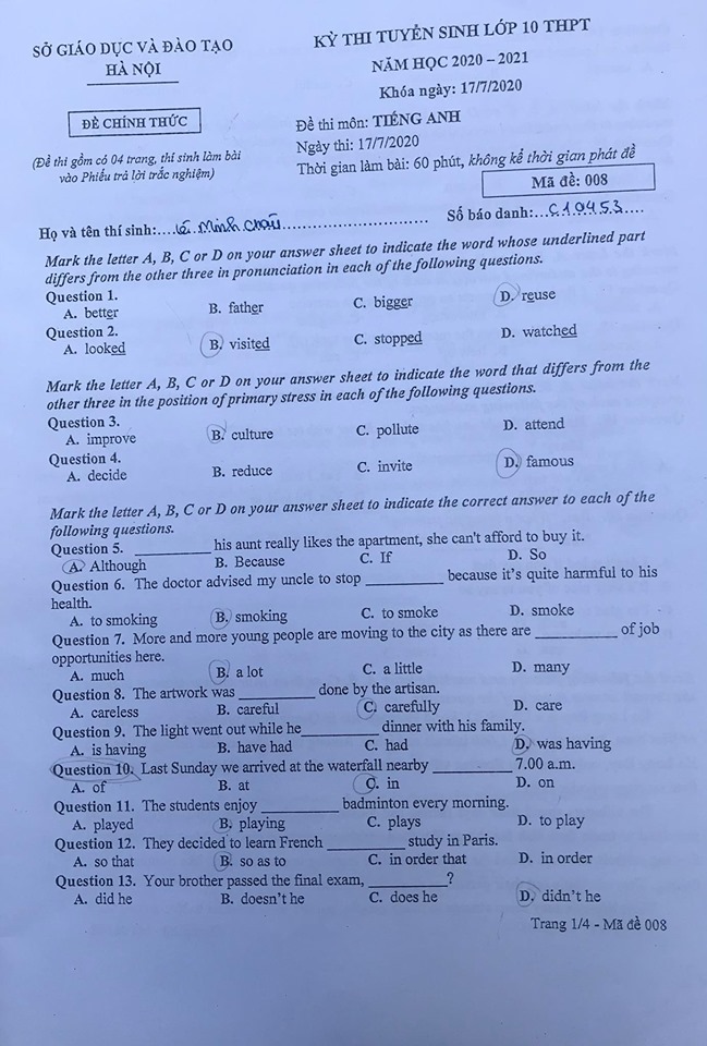 Đề thi môn Tiếng Anh thi lớp 10 tại Hà Nội năm 2020