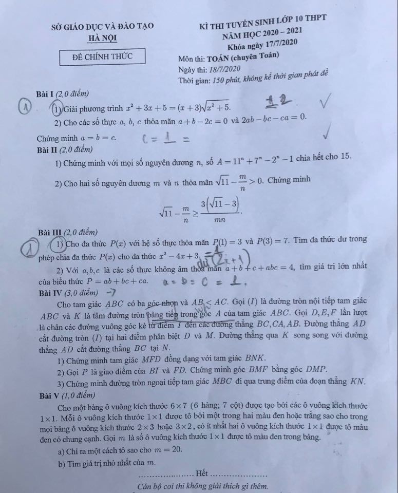 Đề thi chuyên Toán vào lớp 10 của Hà Nội 2020