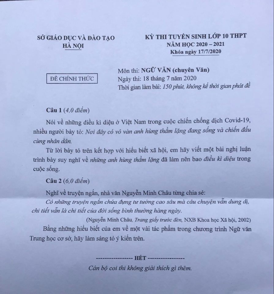 Đề thi chuyên Văn vào lớp 10 của Hà Nội 2020